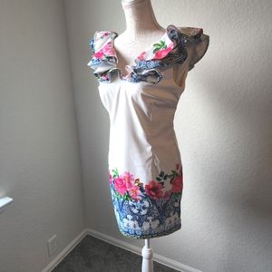 Luxmi Ruffled Collar Floral Sheath Dress